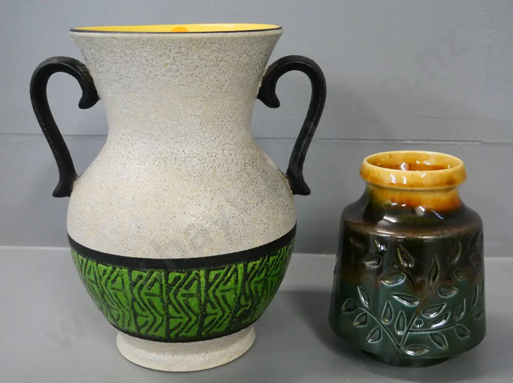 German pottery double-handled vase H-210 and a Crown Lynn vase No. 2035 with incised leaf pattern Image 1++