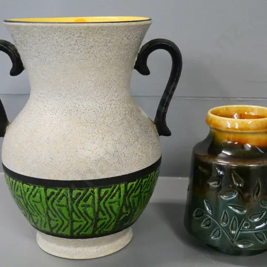 German pottery double-handled vase H-210 and a Crown Lynn vase No. 2035 with incised leaf pattern