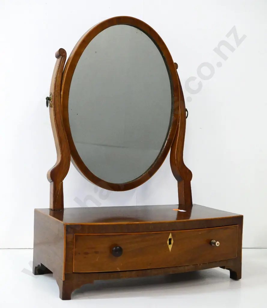 vintage mahogany cheval dressing table mirror with banded detail, drawer & key, mismatched knobs, has repair H470 W330 Image 1++