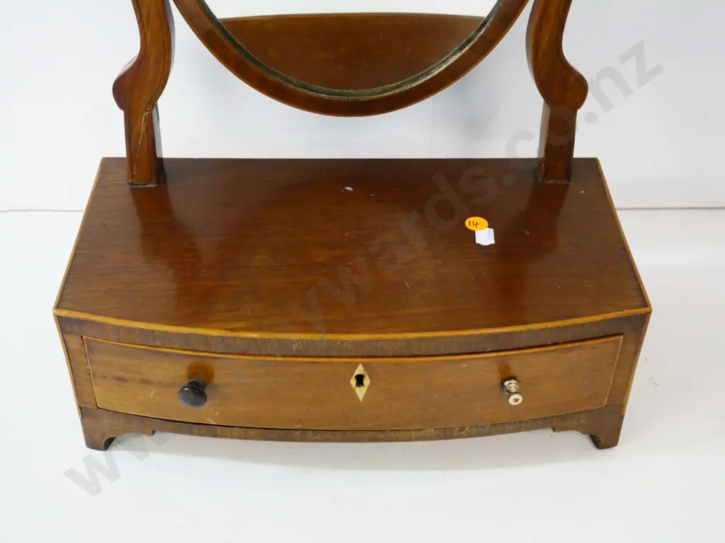 vintage mahogany cheval dressing table mirror with banded detail, drawer & key, mismatched knobs, has repair H470 W330 Image 1++