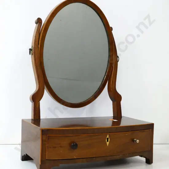 vintage mahogany cheval dressing table mirror with banded detail, drawer & key, mismatched knobs, has repair H470 W330
