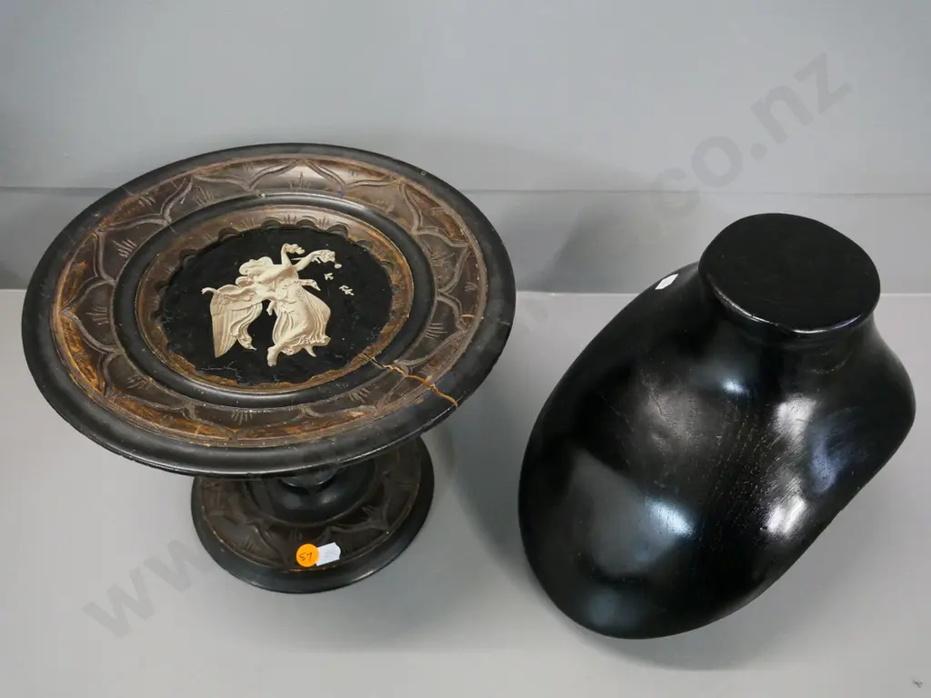 carved timber comport with angle motif printed on glass H200 D250 (crack to wood) and a wooden jewellery display stand Image 1++