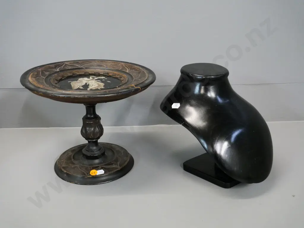 carved timber comport with angle motif printed on glass H200 D250 (crack to wood) and a wooden jewellery display stand Image 1++