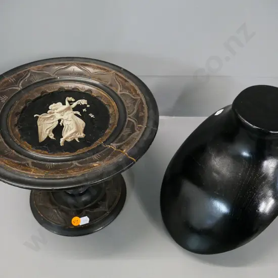 carved timber comport with angle motif printed on glass H200 D250 (crack to wood) and a wooden jewellery display stand