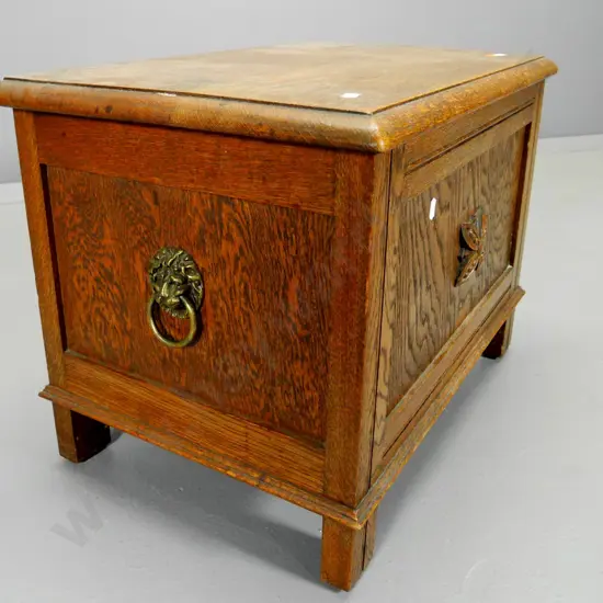 deco oak coal box with carved front motif, handled tin liner H-400 W-550 D-370