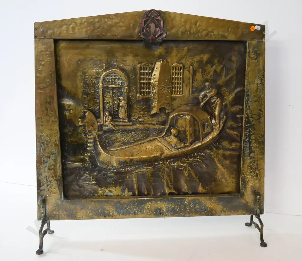 deco style heavily embossed brass fire guard with gondola scene H-750 W-700 Image 1++