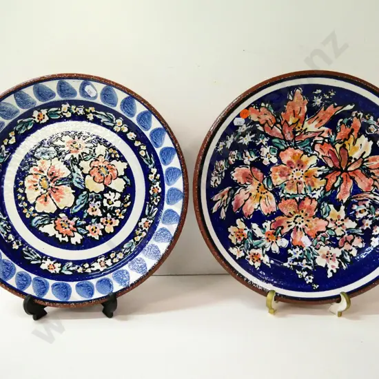 two hand-painted Estuary Arts Golden Bay decorative chargers/plates with wire hangers - diameter 340