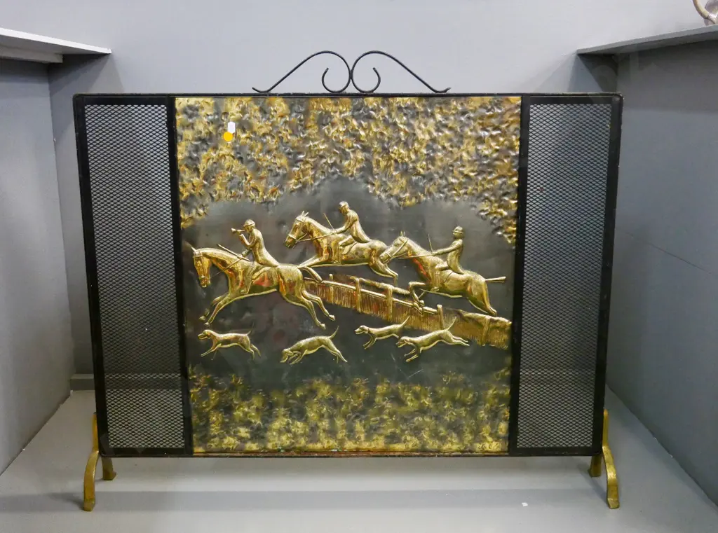 retro metal-framed pressed brass fire screen with jumping horses theme - some corrosion to frame H-730 W-850 Image 1++