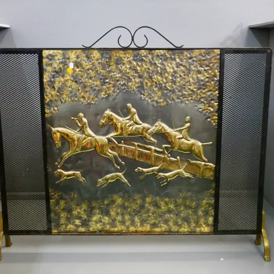 retro metal-framed pressed brass fire screen with jumping horses theme - some corrosion to frame H-730 W-850