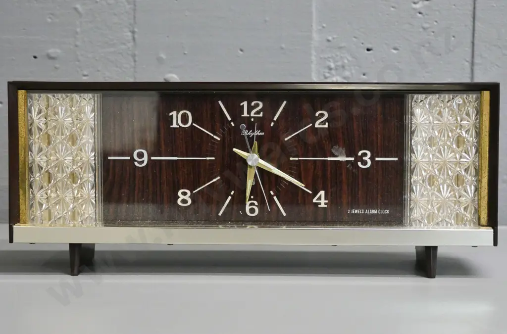 retro Rhythm wind-up mantel or table alarm clock H-140 W-360 - some scratches to plastic Image 1++
