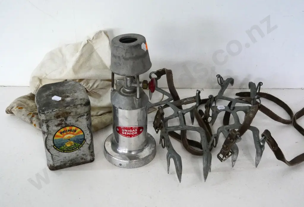 vintage Primus tin stove, Unigas Senior stove H-250 and a pair of 'Everest' mountaineering crampons with leather straps Image 1++