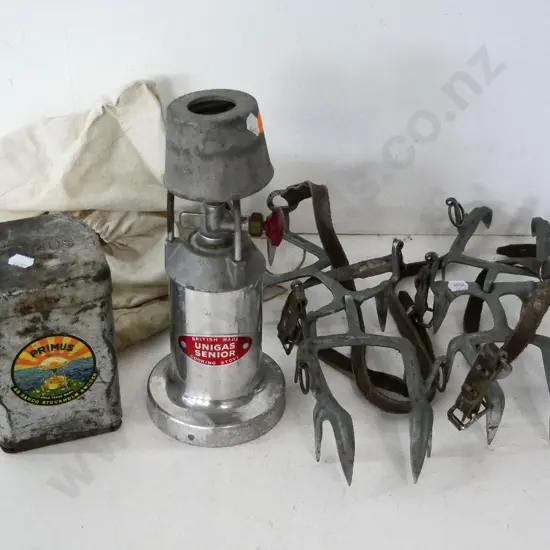 vintage Primus tin stove, Unigas Senior stove H-250 and a pair of 'Everest' mountaineering crampons with leather straps