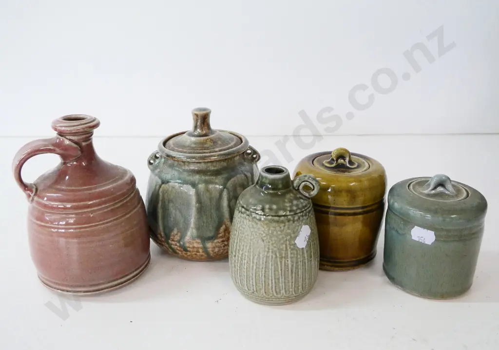 5 studio pottery pieces - 3 lidded canisters, 2 jugs/jars, only one has maker's mark - largest is H-140 Image 1++