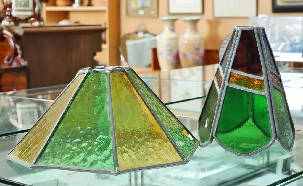 2 leadlight lamp shades - octagonal one H-170 D-330, other one H-230, missing centre fitting Image 1++