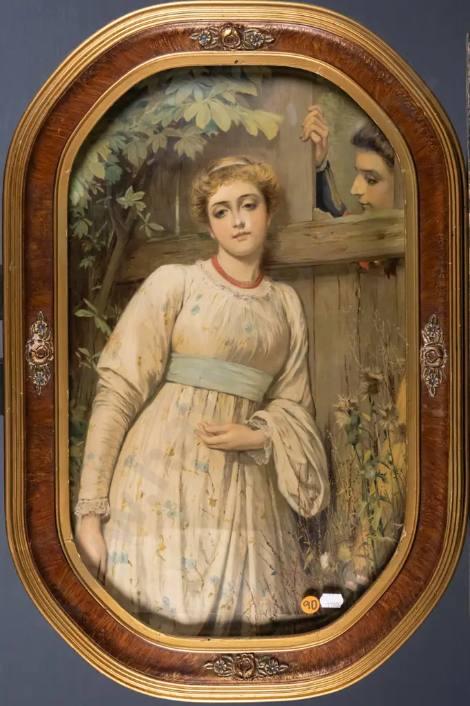 framed convex glass vintage print - courting couple (warping to print) H-430 W-230 Image 1++