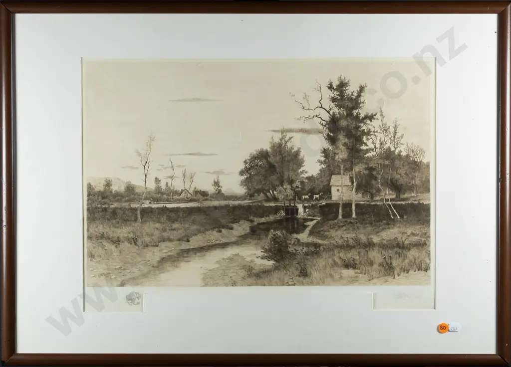 GW Bohde 1831 - framed etching country scene H-320 W-480 Image 1++