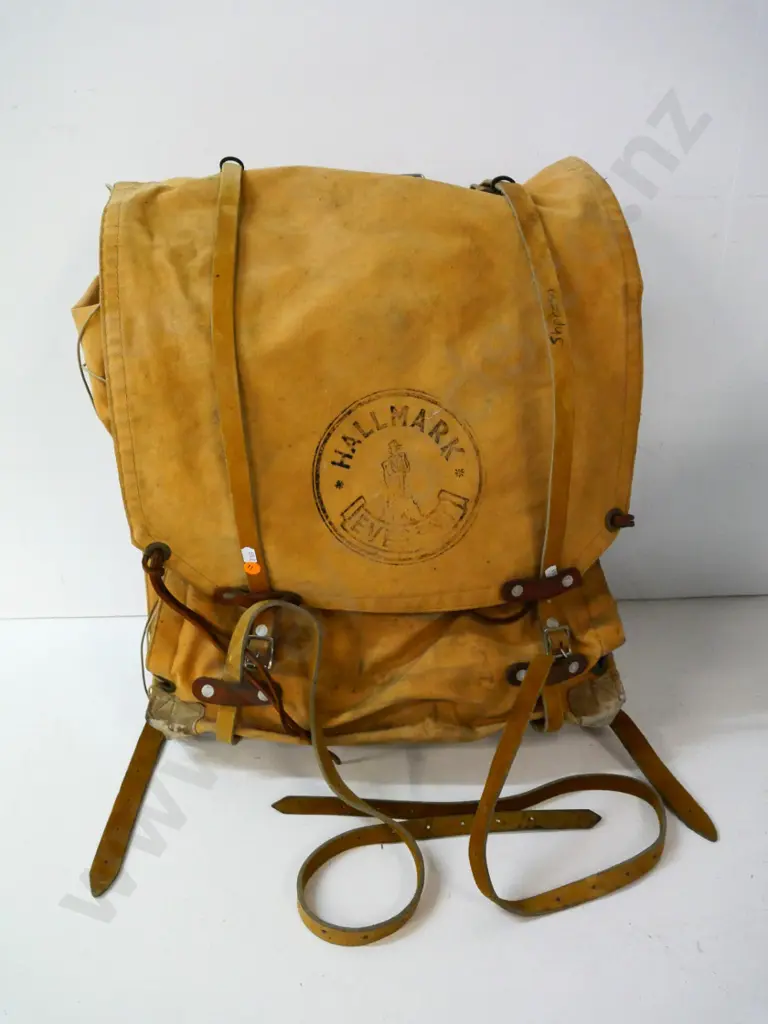 retro Hallmark 'Everest' canvas tramper's pack with metal frame, leather straps H500 W430 Image 1++