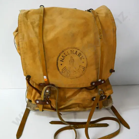 retro Hallmark 'Everest' canvas tramper's pack with metal frame, leather straps H500 W430