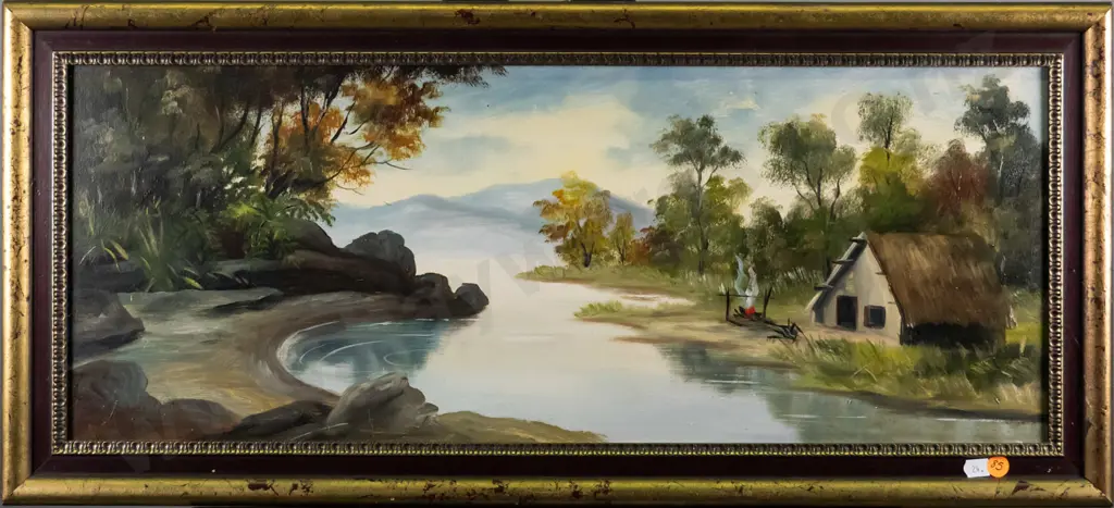 (D. Harford?) framed oil - lakeside whare scene H-235 W-620 Image 1++