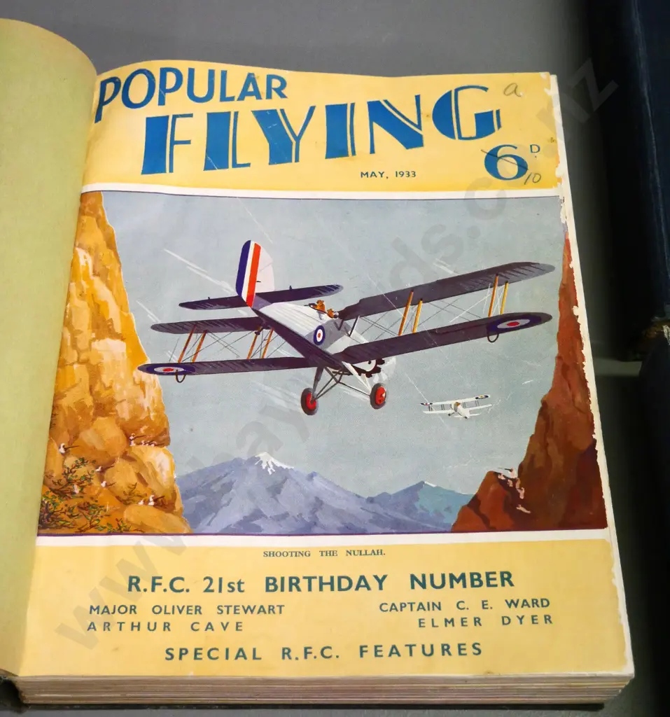 vintage aviation books - bound volume of Popular Flying magazine, Book of Famous Flyers, etc. General wear and staining Image 1++
