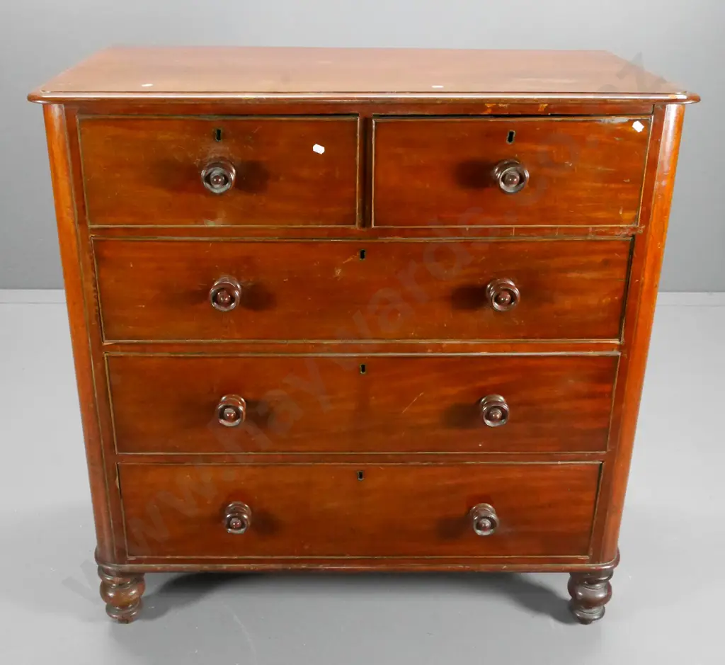 vintage mahogany 5-drawer chest w/turned wood handles, ball feet, key escutcheons, polish needs work H1070 W1050 D520 Image 1++