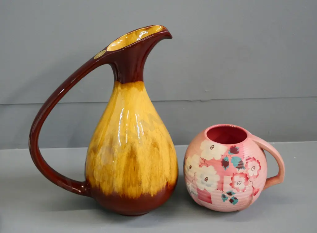 large Blue Mountain jug H-330 and a retro pottery ewer vase marked England No. 1150 Image 1++