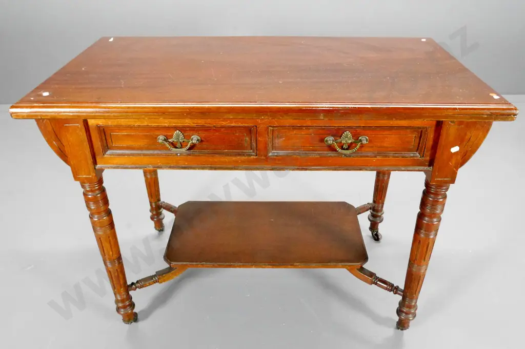 Victorian mahogany hall table w/2 drawers, dorp handles, bottom shelf, casters - polish needs attention H750 W1060 D550 Image 1++
