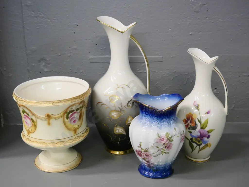 Ridgways Victorian toothbrush holder, Milford jardiniere (crazing) and 2 European floral jugs, taller is H-290 Image 1++