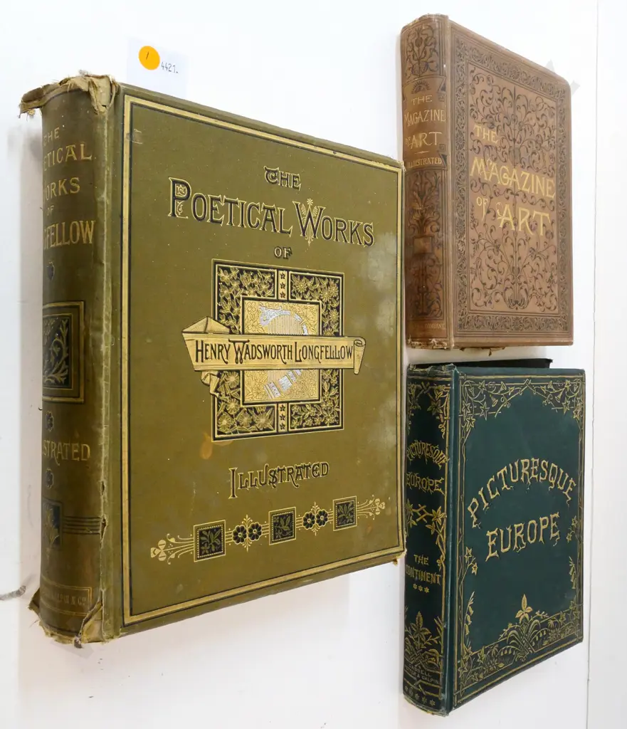 antique illustrated books - 1887 Magazine of Art, Picturesque Europe, Poetical Works of Longfellow - all have some wear Image 1++