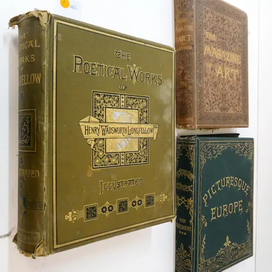 antique illustrated books - 1887 Magazine of Art, Picturesque Europe, Poetical Works of Longfellow - all have some wear