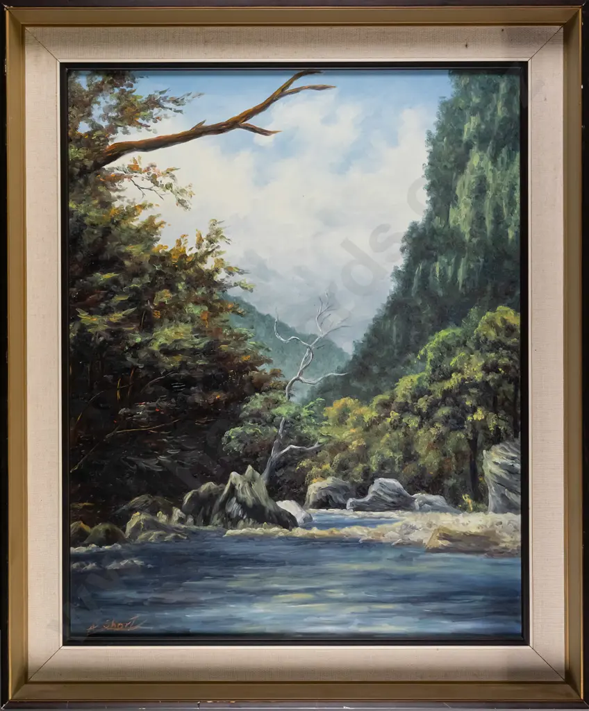 A Short - framed oil on board - bush and rive scene H-480 W-385 Image 1++
