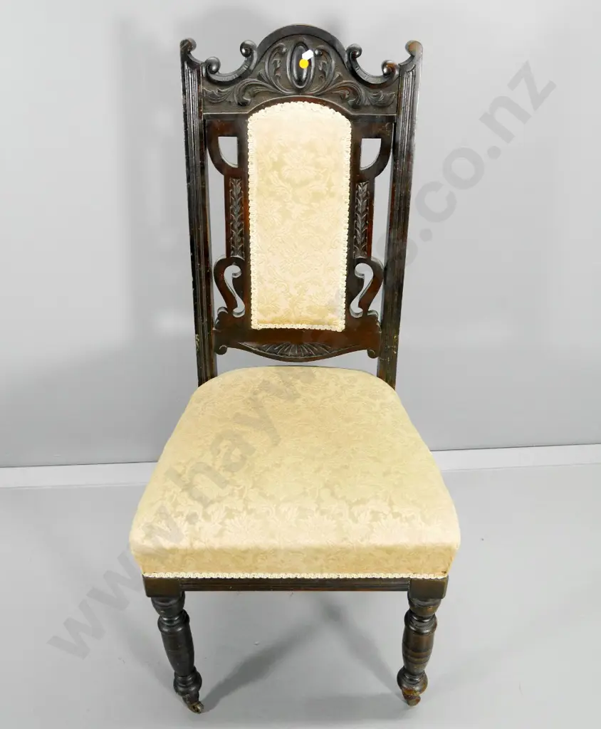 vintage New Zealand beech hall chair w/high carved back, upholstered seat and back panel, some joint looseness H1110 Image 1++