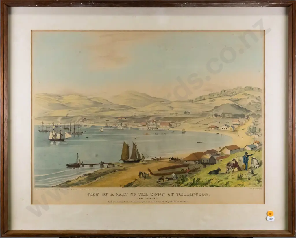 (reproduction?) framed lithograph - view of Wellington, from drawing by C. Heaphy - marks under glassH230 W420 Image 1++