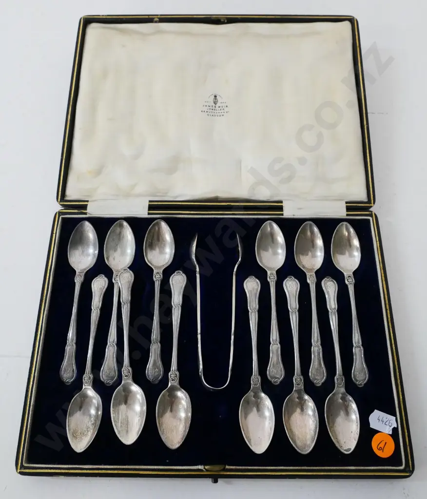 cased set of 12 sterling silver teaspoons with sugar tongs Image 1++