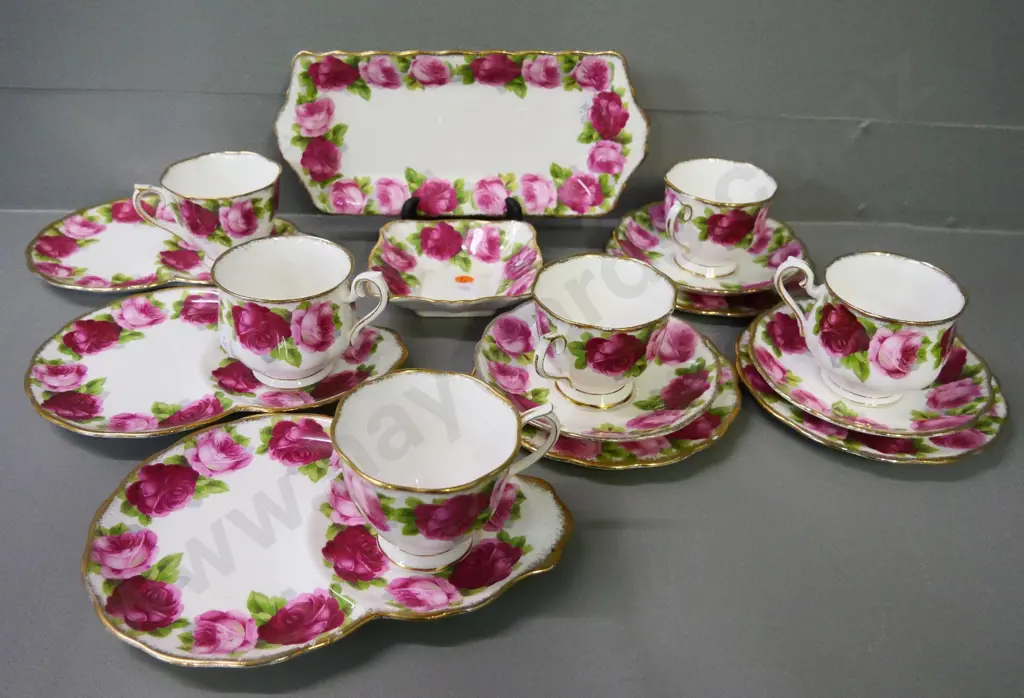 Royal Albert Old English Rose china: 3 trios, 3 tennis sets, sandwich plate and sweet dish Image 1++