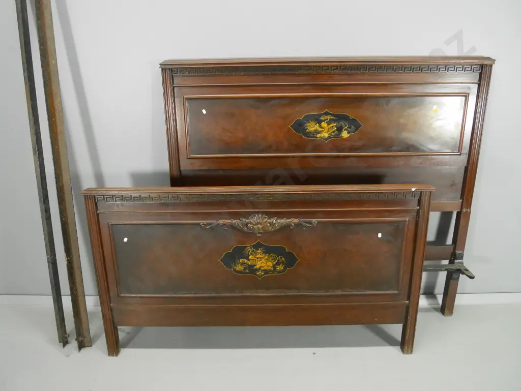 vintage Chinese rosewood bed head and foot with inlay design, metal side rails Headboard H-1270 W-1390 Image 1++