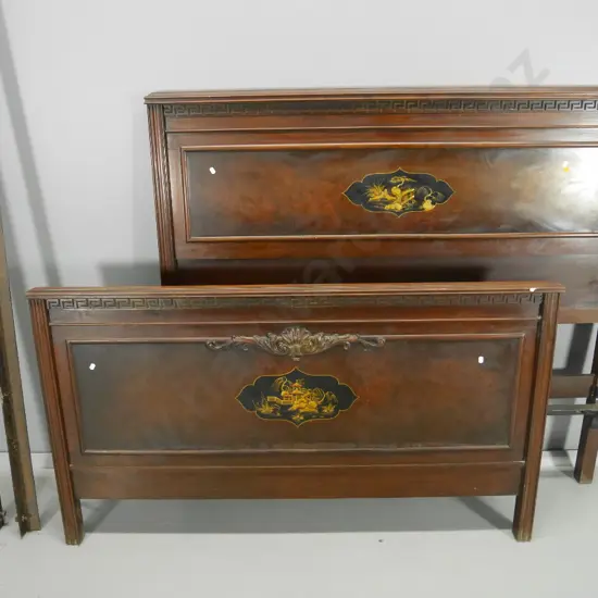 vintage Chinese rosewood bed head and foot with inlay design, metal side rails Headboard H-1270 W-1390