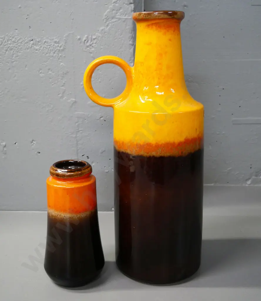 2 brown and orange high-glaze German pottery vases - taller is H-410 Image 1++