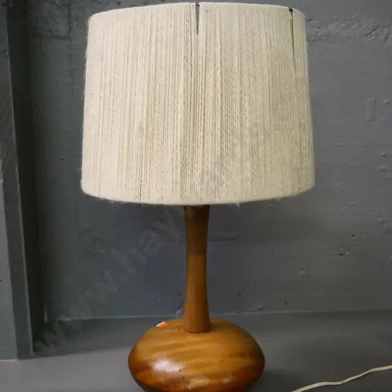 mid-century turned wood table lamp with wool and wire frame shade H-550