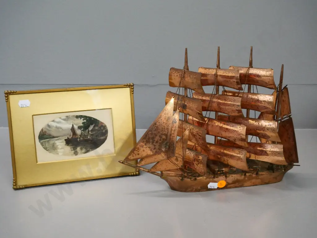 copper sailing ship model - some discolouration H230 L300 and a small framed boat watercolour H160 W210 Image 1++