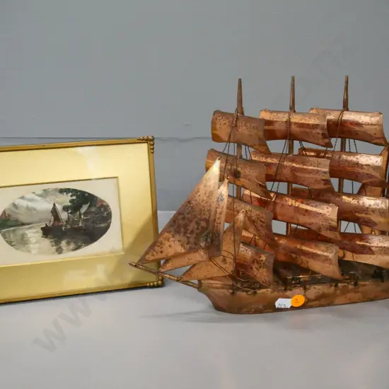 copper sailing ship model - some discolouration H230 L300 and a small framed boat watercolour H160 W210