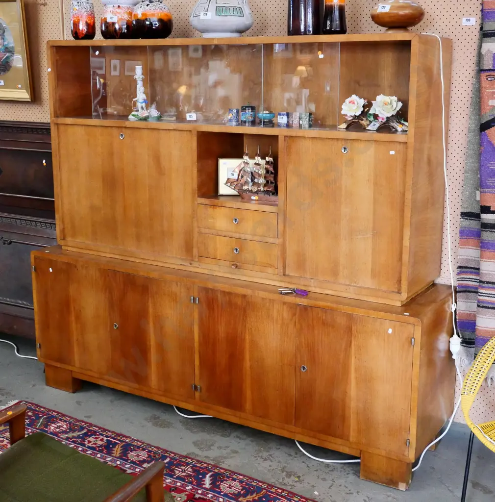 retro timber veneer wall unit w/drop-down drinks & writing sections, lockable, back has borer H1650 W1920 D460 Image 1++