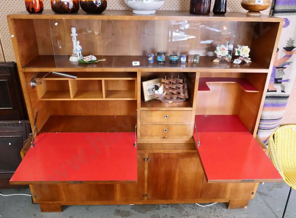retro timber veneer wall unit w/drop-down drinks & writing sections, lockable, back has borer H1650 W1920 D460 Image 1++