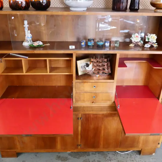 retro timber veneer wall unit w/drop-down drinks & writing sections, lockable, back has borer H1650 W1920 D460