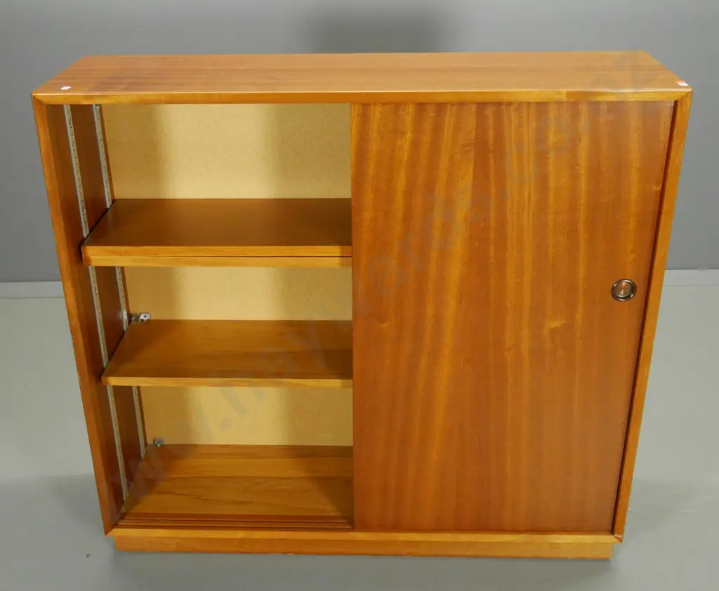 retro mahogany storage unit with 3 adjustable shelves, double sliding doors H-920 W-990 D-290 Image 1++