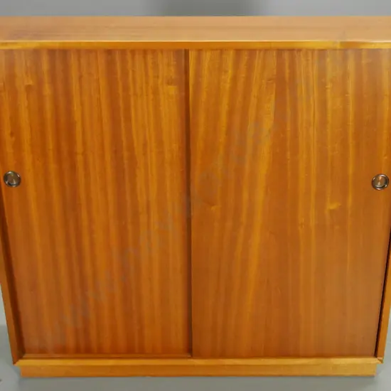 retro mahogany storage unit with 3 adjustable shelves, double sliding doors H-920 W-990 D-290