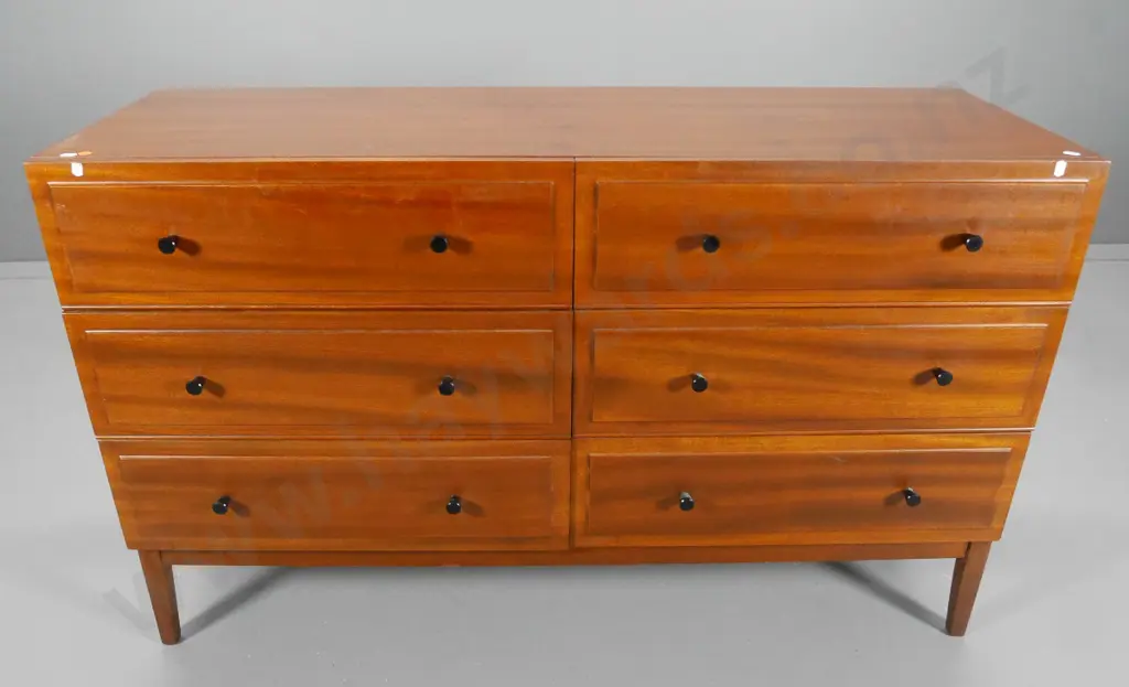 mahogany mid-century 6-drawer chest with plastic handles H740 W1220 D430 Image 1++