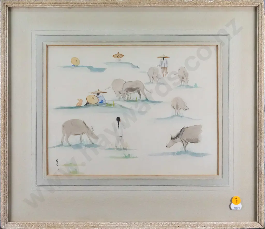 "Greta Graetzer" - framed watercolour - southeast asian farming vignettes H-210 W-280 Image 1++