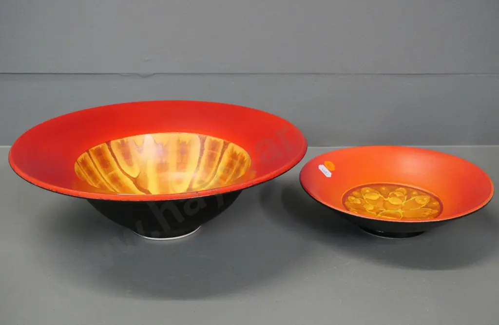 2 Danny Moorwood art pottery orange and black bowls - larger is D-300 Image 1++