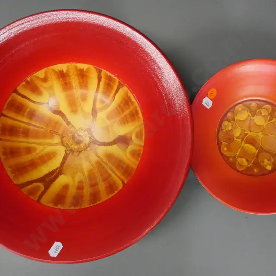 2 Danny Moorwood art pottery orange and black bowls - larger is D-300